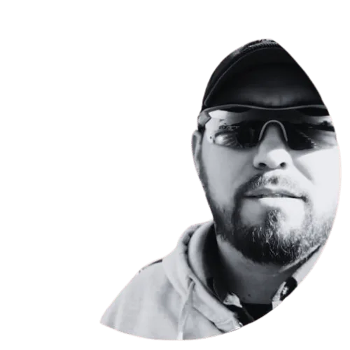 Black-and-white portrait of a Lead Ninja team member wearing sunglasses and a cap